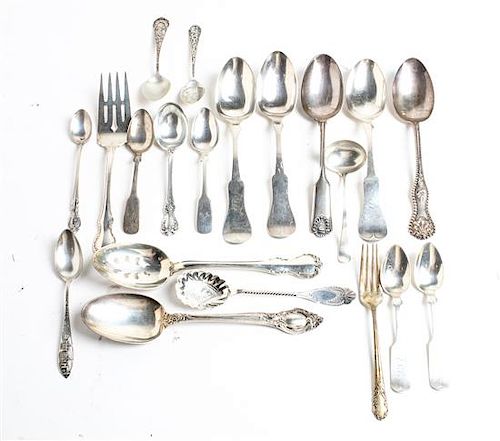A Group of American Silver Flatware Articles, various makers, comprising serving spoons, serving forks, pierced serving spoons,