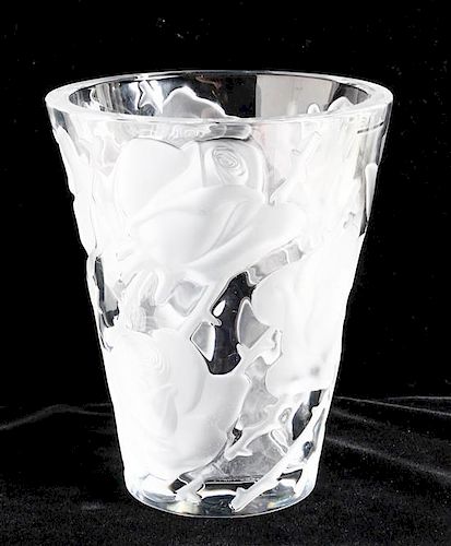 * A Lalique Etched Glass Vase Height 9 1/4 inches.