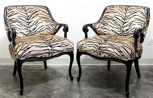 * A Pair of Louis XV Style Ebonized Armchairs Height 34 inches.