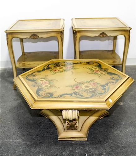 * Three Painted Tables Height of tallest 26 1/2 x width 24 x depth 24 inches.