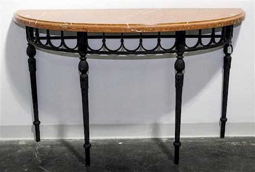 An Iron and Marble Console Table Height of base 32 1/4 x width 48 x depth 15 1/2 inches.