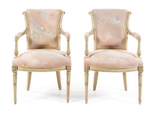 A Pair of Louis XV Style Painted Fauteuil Height 36 inches.