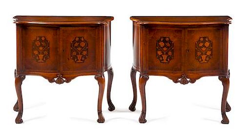 * A Pair of Queen Anne Style Marquetry Cabinets Height 32 1/8 x width 33 1/4 x depth 16 3/8 inches.