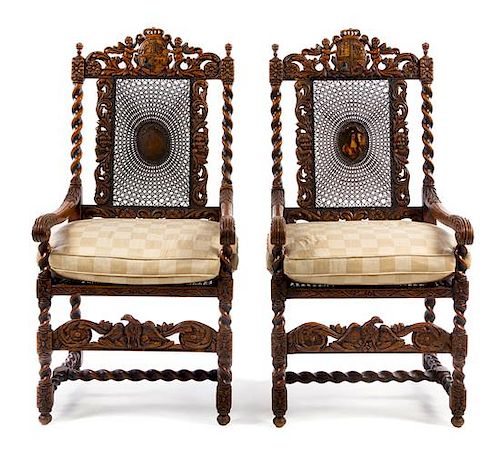 * A Pair of Charles II Style Walnut Armchairs Height 51 1/2 inches.