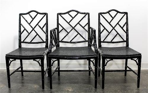 A Set of Six Georgian Style Black Lacquered Chairs Height 36 1/2 inches.