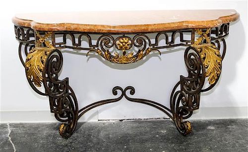A French Iron and Gilt Tole Console Table Height of table base 33 x width 59 3/4 inches.
