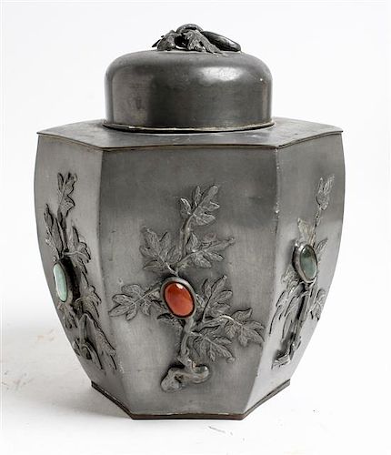 * A Hardstone Inset Pewter Covered Jar Height 8 1/4 inches.