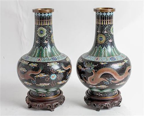 * A Pair of Chinese Cloisonne Enamel Vases Height 12 1/2 inches.