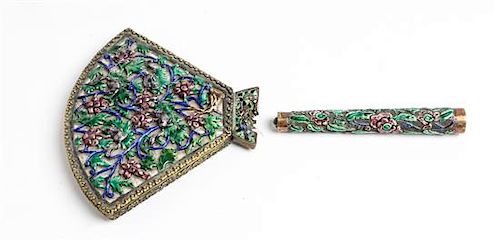 A Chinese Enamel Hand Mirror Height 9 3/4 inches.