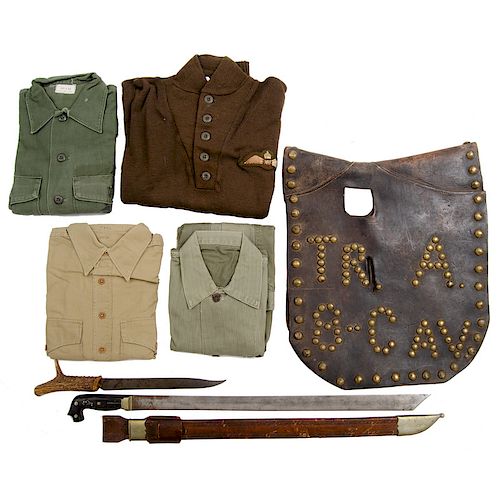 Lot of Four Khaki Shirts and Sweater, Leather Saddle Accesory and Two Edged Weapons