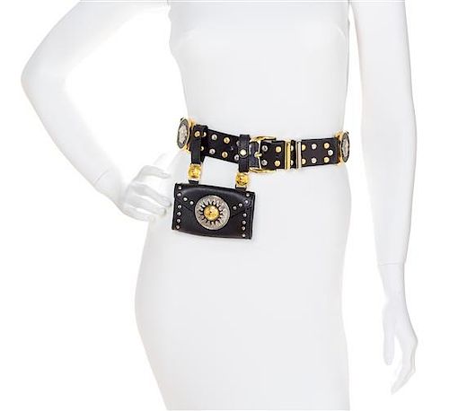 A Gianni Versace Black Leather Belt with Pouch, Belt size: 70/28; pouch: 5" x 3".