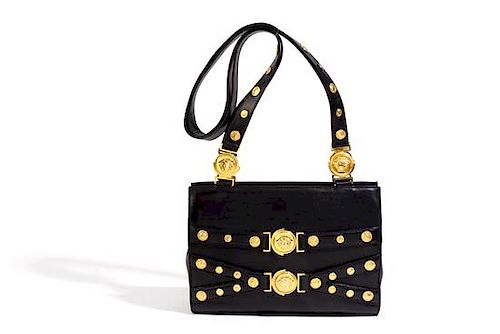 A Gianni Versace Black Leather Medusa Shoulder Bag, 11.75" x 8.5" x 3.5"; Strap drop: 19.5".
