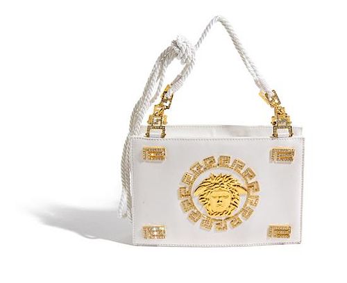 A Gianni Versace White Silk Medusa Shoulder Bag, 9" x 6" x 2".