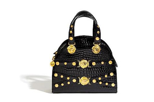 A Gianni Versace Black Patent Croc Embossed Medusa Bag, 11.5" x 10" x 3.75"; Handle drop: 5".