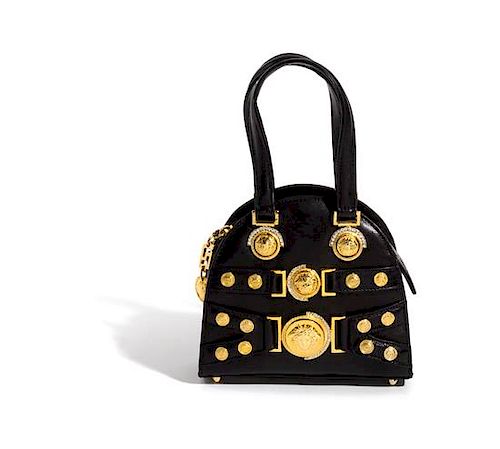 A Gianni Versace Black Mini Medusa Bag, 6" x 6.75" x 2.75"; Handle drop: 4".