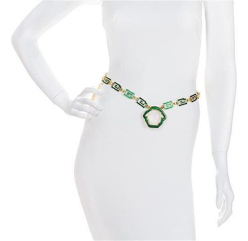 A Gianni Versace Green Enamel Greco Link Belt, Length: 43"- 46"; Pendant: 2.25" x 2.5".