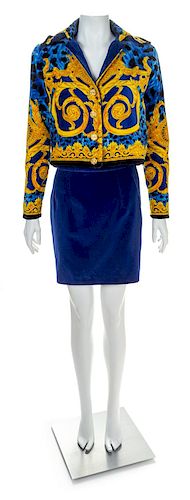 A Gianni Versace Bright Blue Velvet Print Jacket and Skirt, No Size.