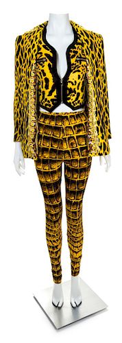 A Gianni Versace Animal Print Ensemble, Jacket and vest size 4, leggings size 42.
