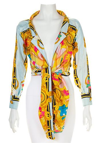 A Gianni Versace Silk Print Tie Front Blouse, Size 38.