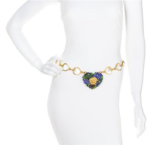 A Gianni Versace Runway Glass Heart Chain Belt/ Necklace, Belt: 46" x 1.5"; Pendant: 4" x 3.25"