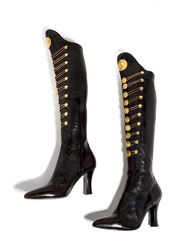 A Pair of Gianni Versace Black Leather Chain Boots, Size 39.