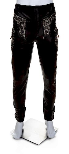 A Gianni Versace Black Leather Men's Pant, Size 48.