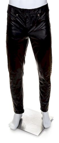 A Gianni Versace Black Leather Men's Pant, No size.