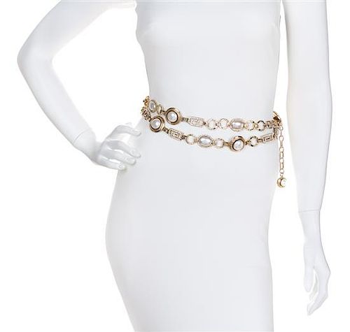 A Gianni Versace Pearl and Rhinestone Greco Link Belt, Length: 53"- 58".