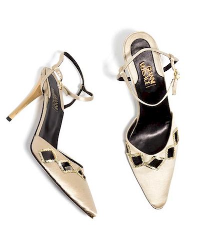 A Pair of Gianni Versace Champagne Silk Slingbacks, Size 7.