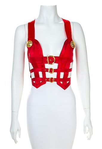 A Gianni Versace Red Silk Bondage Harness Bodice, Size 40.