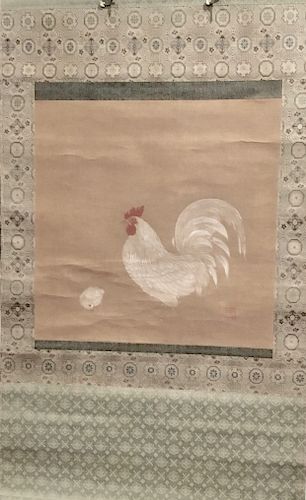 Japanese Scroll, Chicken and Hen, by  Kano Tsunenobu