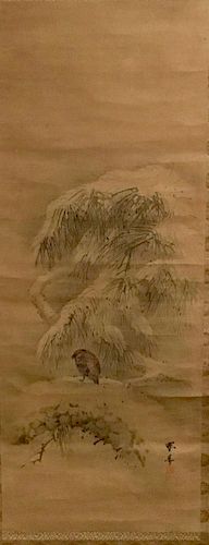 Japanese Scroll of a Raven in Winter
