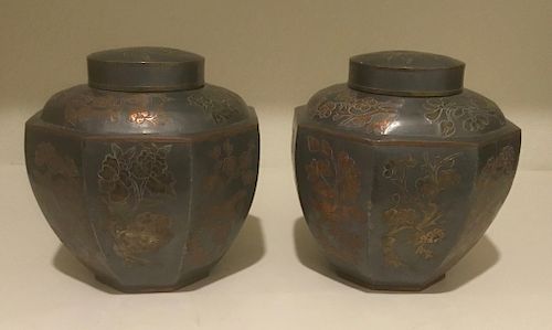 Pair of Pewter and Brass Tea Caddies, China, 19/20th