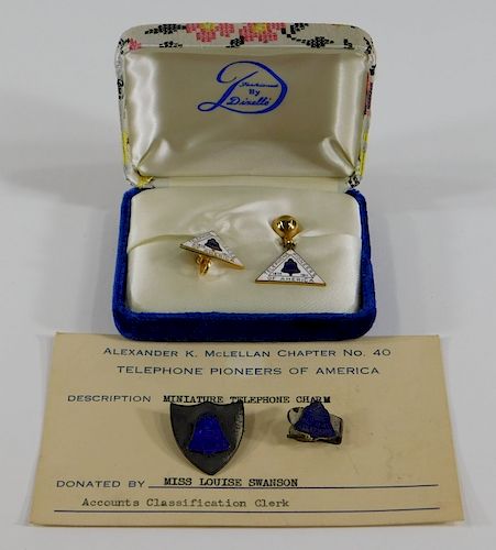 4PC Telephone Pioneers Bell Earrings Pin Jewelry