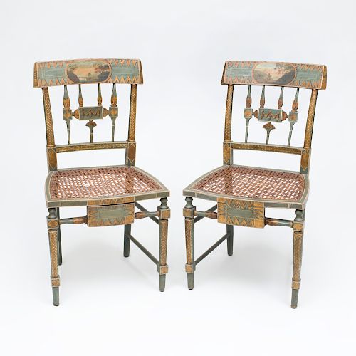 Pair of Classical Painted and Caned Side Chairs, Attributed to Thomas S. Renshaw and John Barnhart, Baltimore