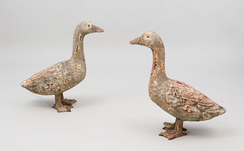 Pair of Painted Cast-Iron Models of Geese