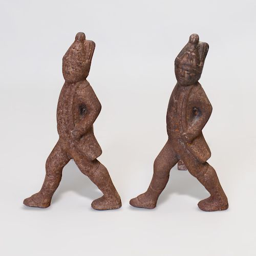 Pair of American Cast-Iron Andirons in the Form of Hessians