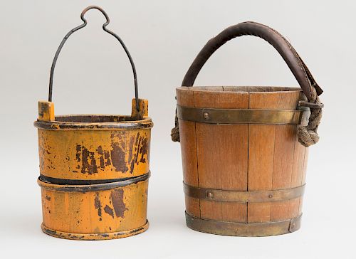 Metal-Banded Mustard-Ground Wood Bucket and a Brass-Banded Oak Bucket