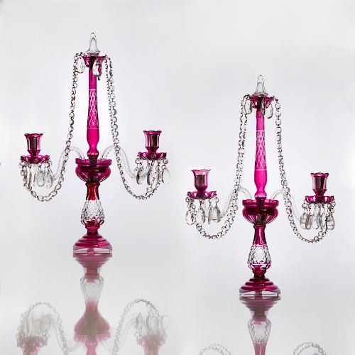 Pair of George III Style Czechoslovakian Ruby and Clear Glass Two-Light Candelabra