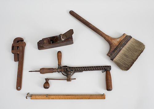 Group of Three Carpenter's Tools, a Brush, and a 'Wet and Dry' Galls Measure