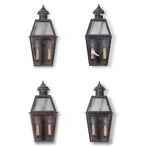 Set of Four Tin and Glass Lantern Sconces, of Recent Manufacture