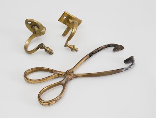 Pair of Federal Style Brass Fire Tools and a Pair of Brass-Plated Short Tongs