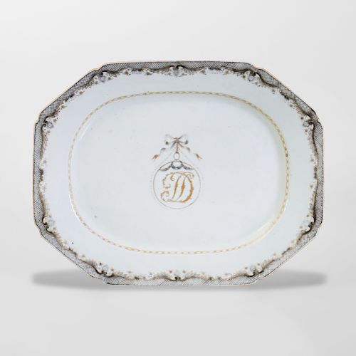 Chinese Export Porcelain Famille Rose Armorial Oval Deep Dish and a Chamfered Rectangular Platter