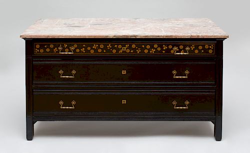 Aesthetic Movement Ebonized and Fruitwood Marquetry Chest of Drawers, Stamped Herter Brothers