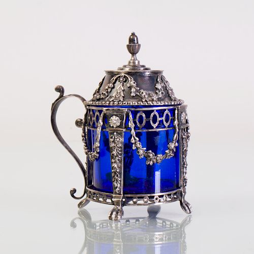 Swedish Silver Mustard Pot Holder with Blue Glass Liner