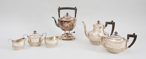 Gorham Sterling Silver Five-Piece Tea and Coffee Service, and a Gorham Silver Soldered Kettle on Warming Stand