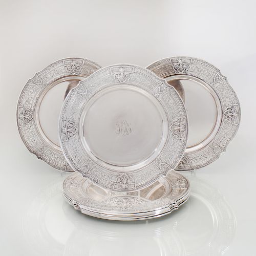 Set of Eight Monogrammed Silverplated Service Plates in the Neoclassical Style