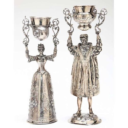 A Pair of Sterling Silver Figural Wager Cups, Hanau