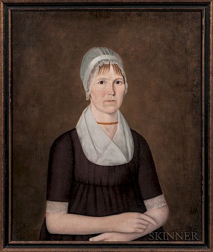 John Brewster Jr. (Connecticut/Maine, 1766-1854)  Portrait of a Woman in a White Cap with Gold Beads