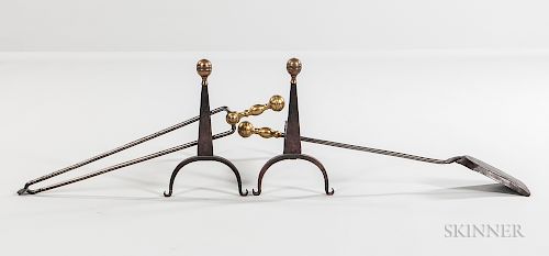 Pair of Small Brass and Iron Belted Ball-top Andirons and Two Ball-top Tools